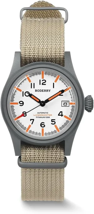 NH35 Mechanical Movement & Screw Down Crown??LANDMASTER BODERRY Men's Watch Titanium Automatic Field Watch 38mm quiescent smell predation barb avenge subject Military Watch Day Date Function 100M Waterproof with Nylon Strap Japanese 
