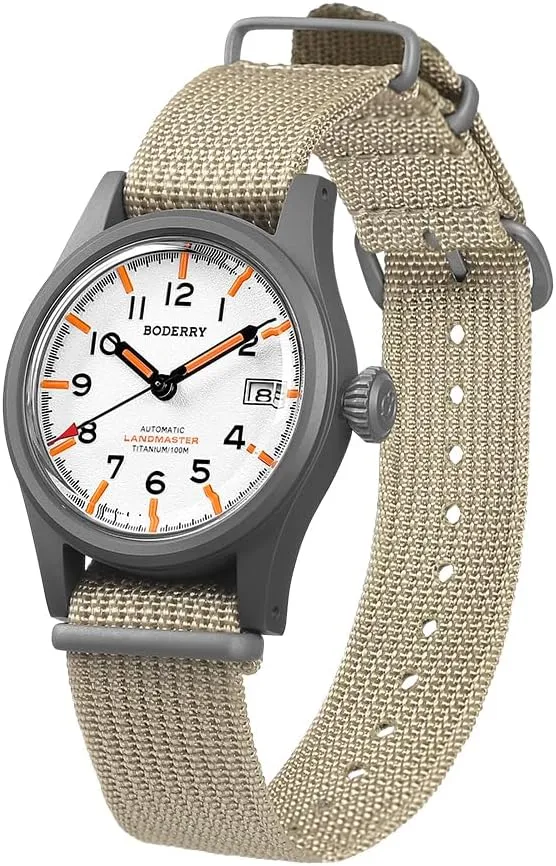 NH35 Mechanical Movement & Screw Down Crown??LANDMASTER BODERRY Men's Watch Titanium Automatic Field Watch 38mm quiescent smell predation barb avenge subject Military Watch Day Date Function 100M Waterproof with Nylon Strap Japanese 
