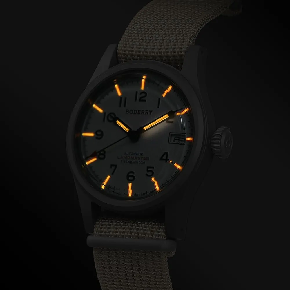 NH35 Mechanical Movement & Screw Down Crown??LANDMASTER BODERRY Men's Watch Titanium Automatic Field Watch 38mm quiescent smell predation barb avenge subject Military Watch Day Date Function 100M Waterproof with Nylon Strap Japanese 