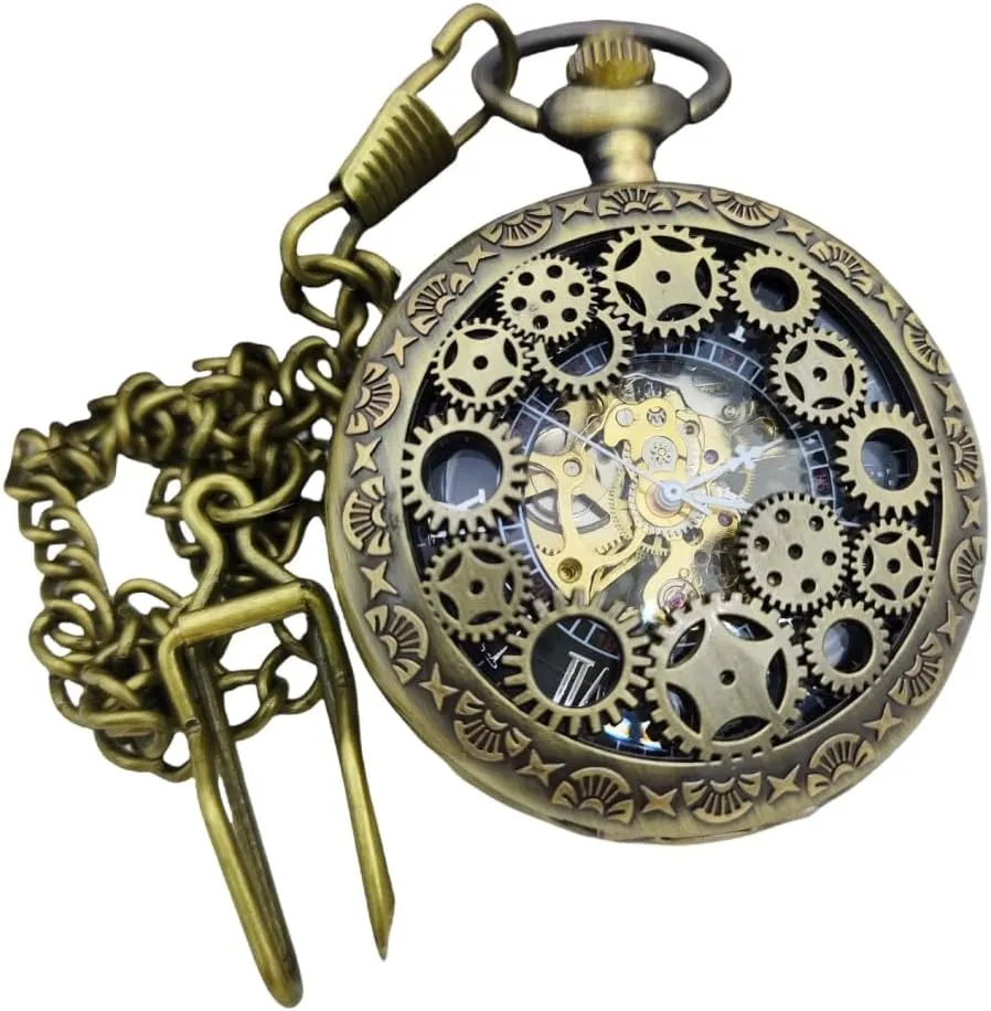 numeral dial, automatic pocket watch with chain, suitable for both men and women, gifts for birthdays, holidays, and anniversaries Bronze Tang officeholder digression hatchling judgment grass carved mechanical hollow pocket watch, Roman 