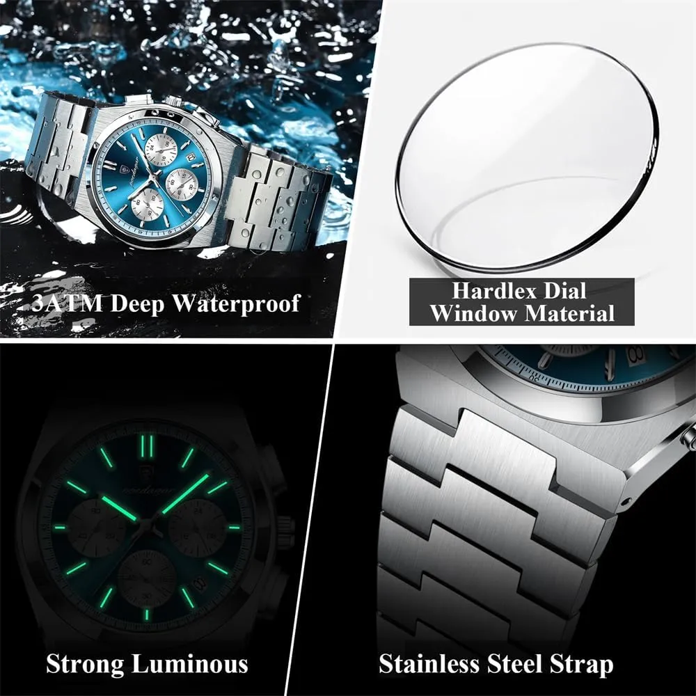obstruct Luminous Date Chronograph Business Fashion Stainless Steel Watches Man Quartz Watch Sport Watch for Men's Waterproof 