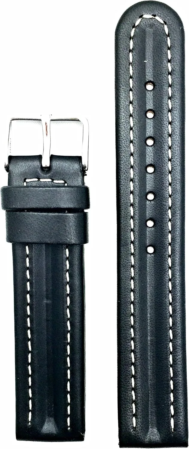 Off White Stitching that brings New Life to Any Watch barn (Mens Standard Length) 18mm Black Genuine Leather Watchband | Semi-Oily, Twin Padded Replacement Watchstrap with 