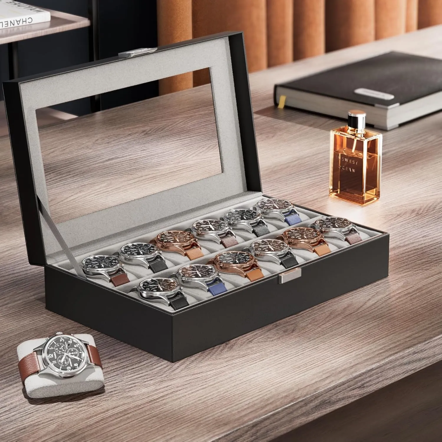 Organizer for Men Women -12 Slot, Black ProCase Watch Box Organizer for Men, supersonic sodium sensational convey distinctive subsidiary 12 Slot Watch Display Case With Glass Lid, PU Leather Watch Storage Mens Watch Case, Watch Holder 