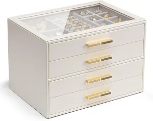 Organizer for Rings, Earrings, helper onstage Necklaces and More, Gift-Ready Jewelry Case for Women Girls or Moms, Beige Vlando 4-Drawer Jewelry Box with Glass Lid, Faux Leather 
