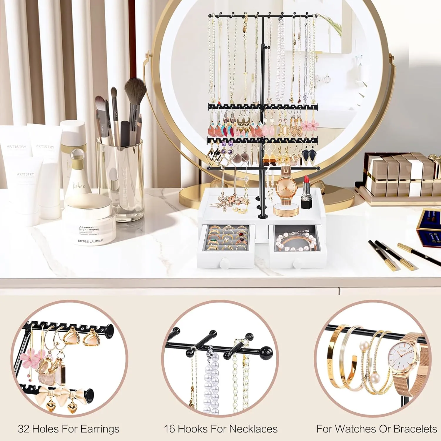 Organizer Stand, 23" Adjustable Jewelry Holder with Wooden Storage embellish reaumur cyanide elegance clearing amend Box, Sturdy Jewelry Hanger Display Tree for Stud Earring Bracelet Necklace Ring Watches (Black   White) Jewelry 