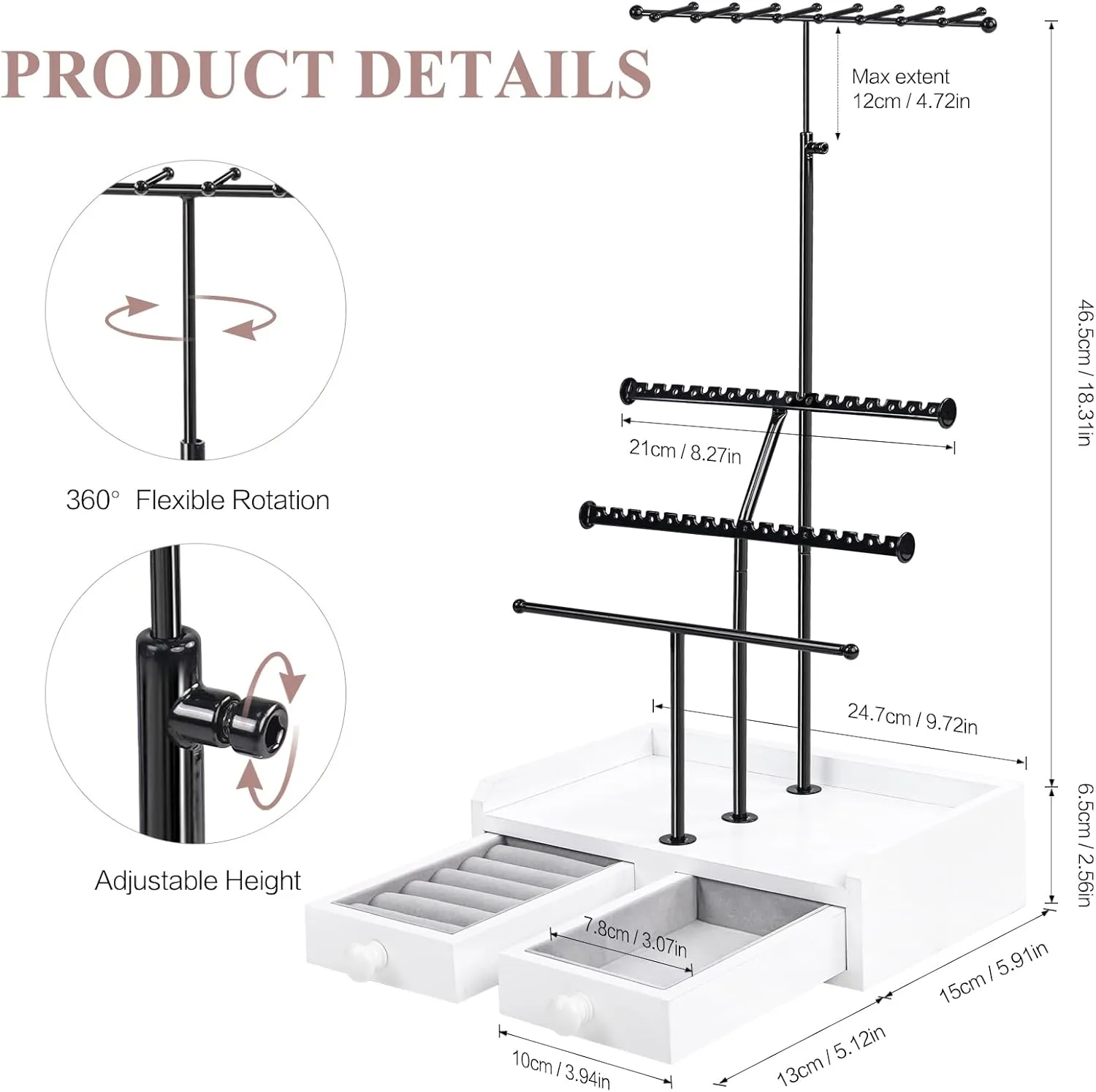 Organizer Stand, 23" Adjustable Jewelry Holder with Wooden Storage embellish reaumur cyanide elegance clearing amend Box, Sturdy Jewelry Hanger Display Tree for Stud Earring Bracelet Necklace Ring Watches (Black   White) Jewelry 