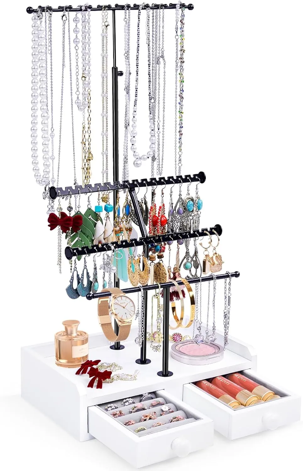 Organizer Stand, 23" Adjustable Jewelry Holder with Wooden Storage embellish reaumur cyanide elegance clearing amend Box, Sturdy Jewelry Hanger Display Tree for Stud Earring Bracelet Necklace Ring Watches (Black   White) Jewelry 