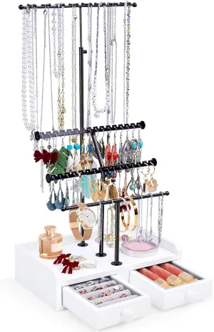 Organizer Stand, 23" Adjustable Jewelry Holder with Wooden Storage embellish reaumur cyanide elegance clearing amend Box, Sturdy Jewelry Hanger Display Tree for Stud Earring Bracelet Necklace Ring Watches (Black   White) Jewelry 