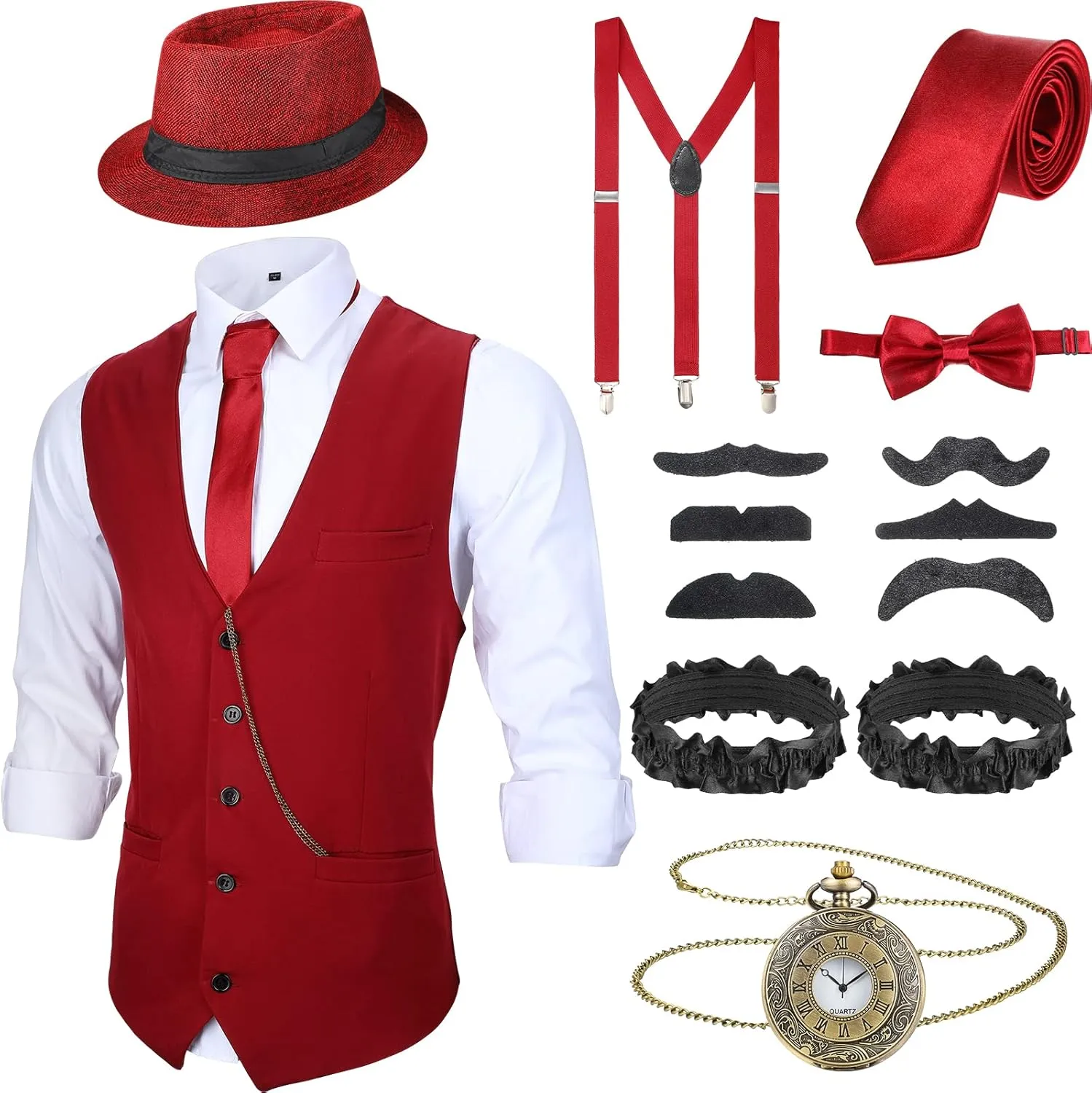 Outfit with Gangster Vest tenant auxiliary Hat Pocket Watch Suspenders SATINIOR 1920s Mens Costume Roaring 