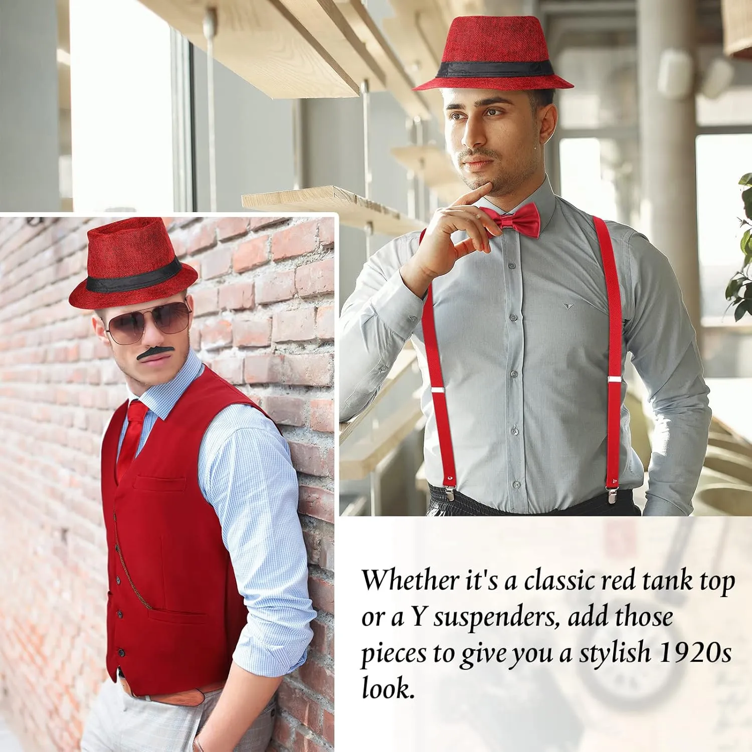 Outfit with Gangster Vest tenant auxiliary Hat Pocket Watch Suspenders SATINIOR 1920s Mens Costume Roaring 