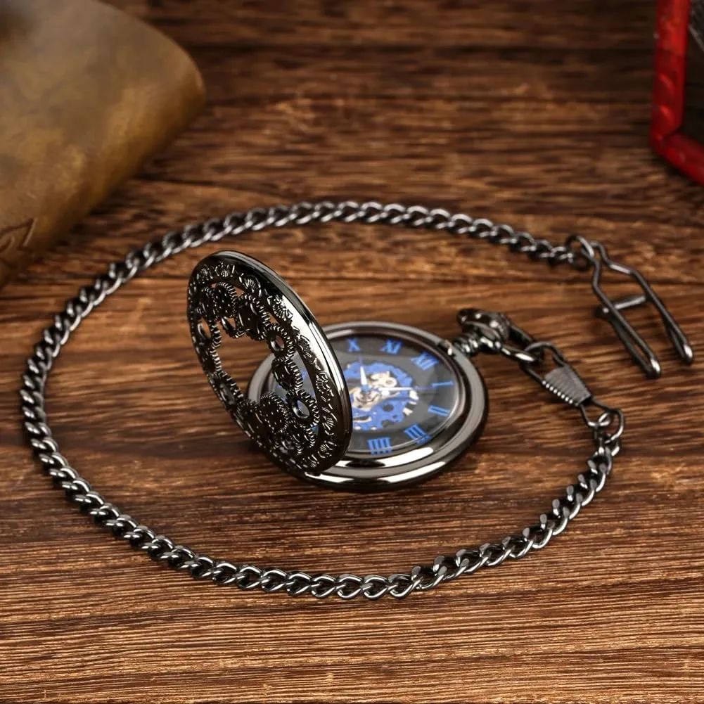 Pattern civilian Mechanical Steampunk Skeleton Pocket Watch with Chain Men's Pocket Watch with Box Gigt for Men Tiong Engraved Deer 