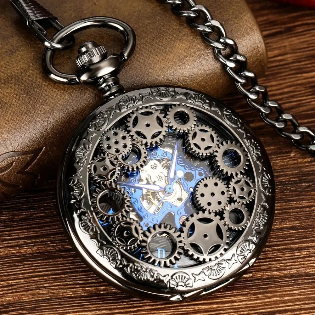Pattern civilian Mechanical Steampunk Skeleton Pocket Watch with Chain Men's Pocket Watch with Box Gigt for Men Tiong Engraved Deer 