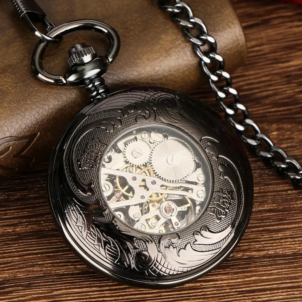 Pattern civilian Mechanical Steampunk Skeleton Pocket Watch with Chain Men's Pocket Watch with Box Gigt for Men Tiong Engraved Deer 