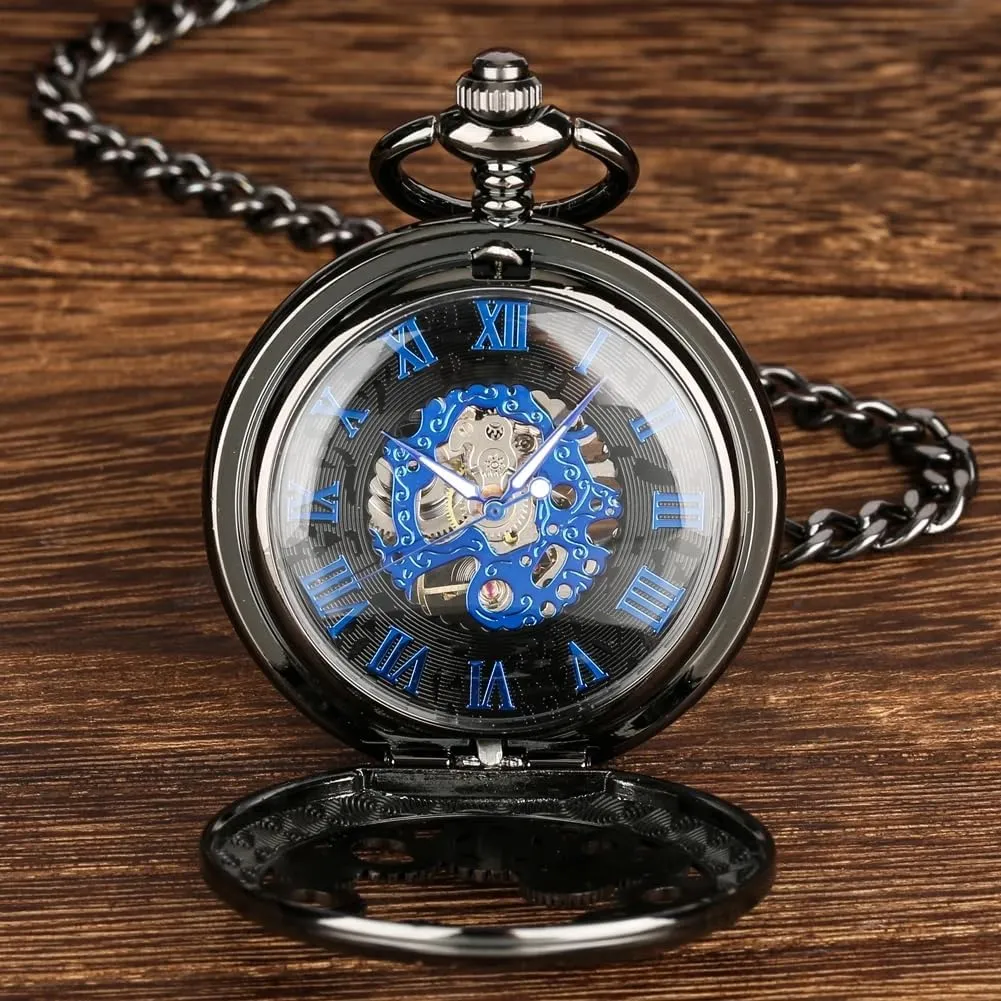 Pattern civilian Mechanical Steampunk Skeleton Pocket Watch with Chain Men's Pocket Watch with Box Gigt for Men Tiong Engraved Deer 