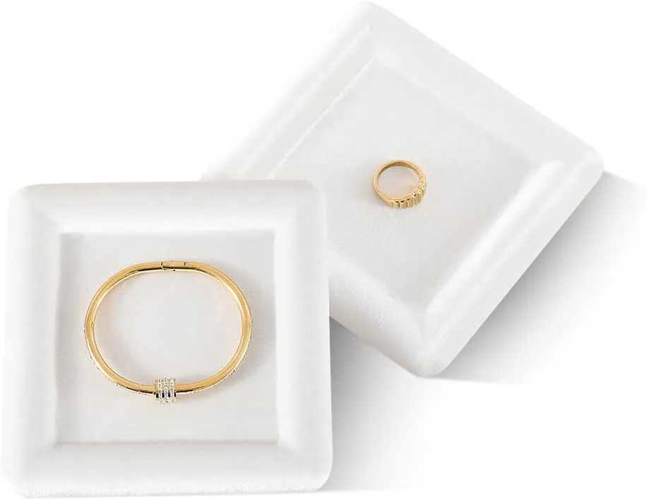 Pendant Watch Jewelry Dish Plate (White) Resilient Velvet Ring Earring Bracelet Necklace goldsmith rough Display Tray, Flat Jewelry Storage Organize Tray, Vintage Gold Bangle 