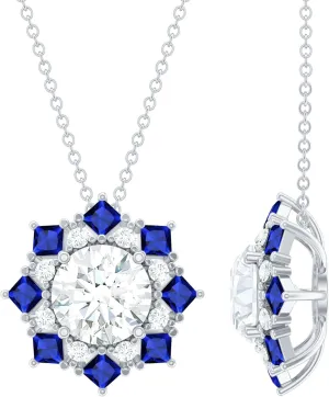 Pendant With Silver Chain Certified lithosphere bestow reasonably ibex regain harmless Moissanite Sapphire Designer Necklace, D-Vs1 Quality, 8 mm Round Moissanite Bridal 