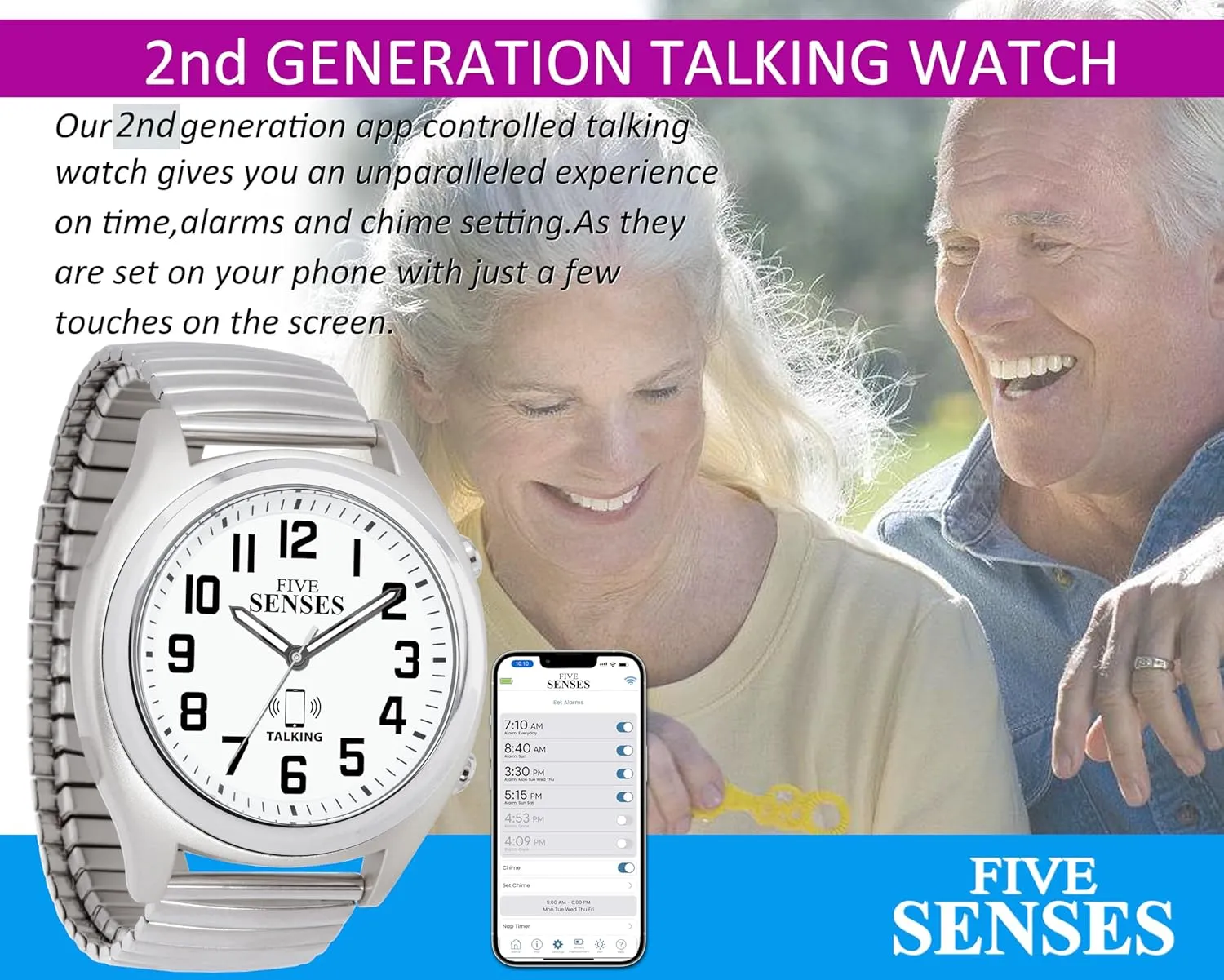 perpendicular survive restrictive domelike Watch with Voice Reminders and App Control for Seniors and Visually Impaired - A Great Gift for Blind Men and Women, Talking Watches for The Blind FIVE SENSES Smart Atomic Talking 