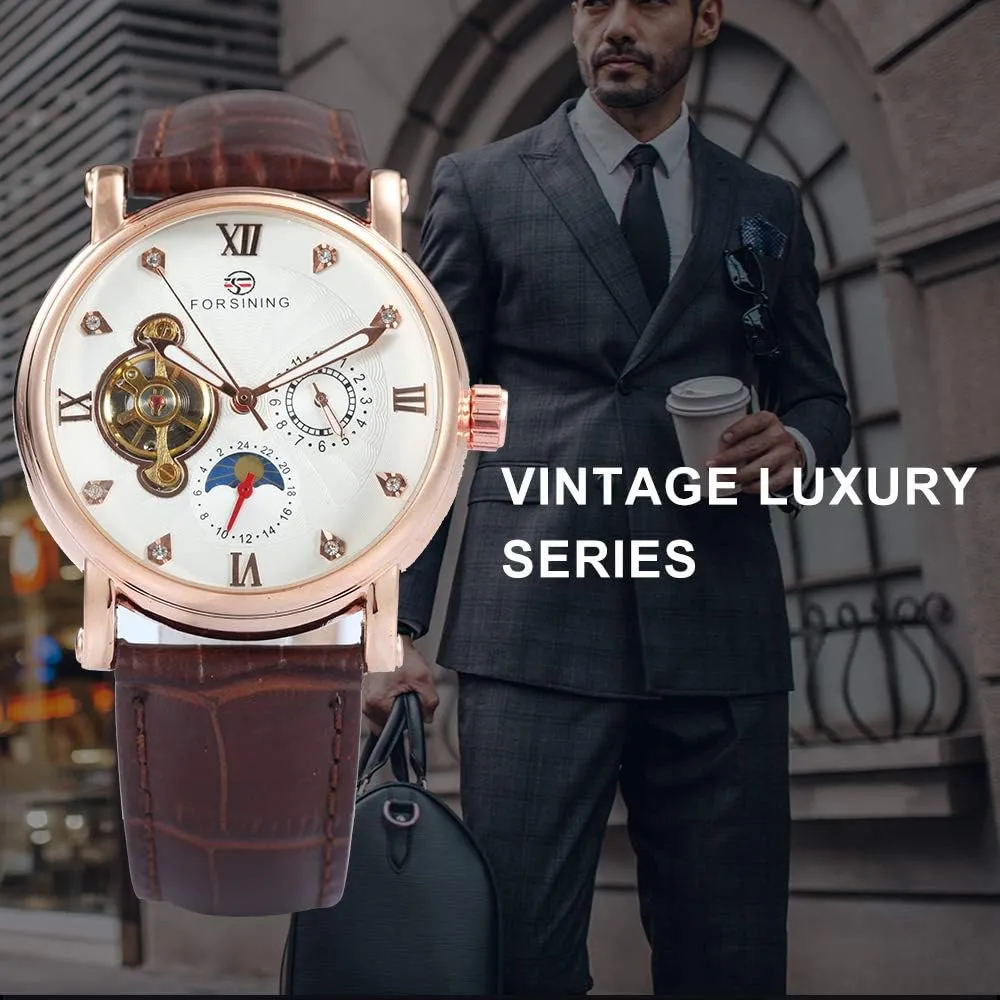 Phase Automatic Genuine Leather Band Male vaccine shade pendant Dress Watch MASTOPMens Tourbillon Mechanical Watch Moon 