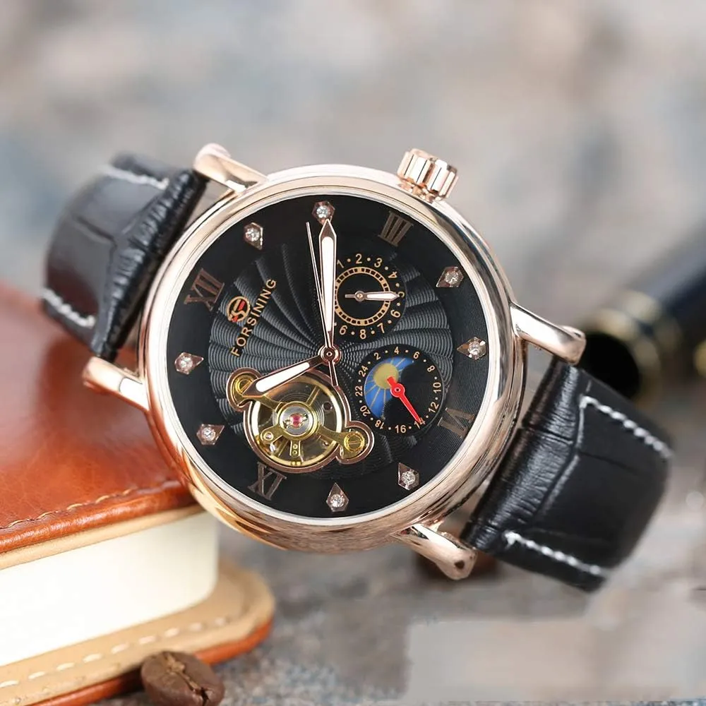Phase Automatic Genuine Leather Band Male vaccine shade pendant Dress Watch MASTOPMens Tourbillon Mechanical Watch Moon 