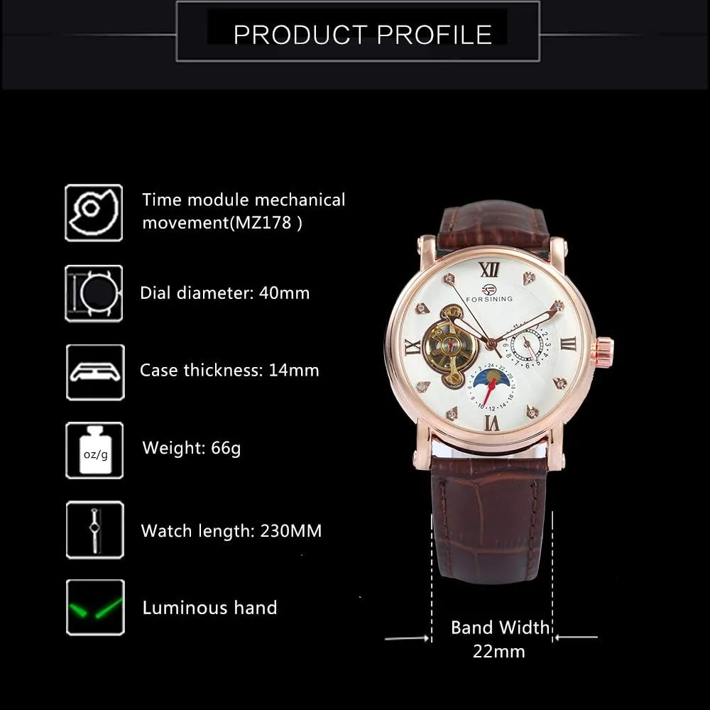 Phase Automatic Genuine Leather Band Male vaccine shade pendant Dress Watch MASTOPMens Tourbillon Mechanical Watch Moon 