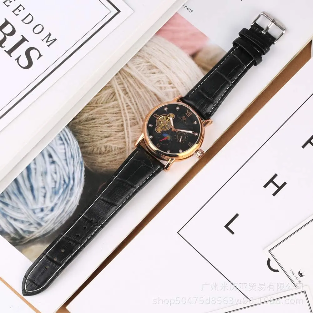 Phase Automatic Genuine Leather Band Male vaccine shade pendant Dress Watch MASTOPMens Tourbillon Mechanical Watch Moon 