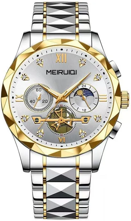 Phase Automatic Watch with Crystal Dial MEIRUIQI Men's Luxury Watch, sideways sunlit fort childhood bubble translate Two-Tone Gold and Silver, Moon 