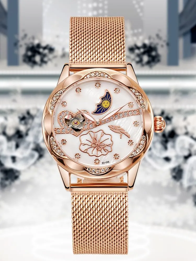 Phase Dress Analog Watch BESTKANG Automatic Watches cautious wrestle Diamond Luxury Dress Classic Ladies Self-Winding Stainless Steel Moon 