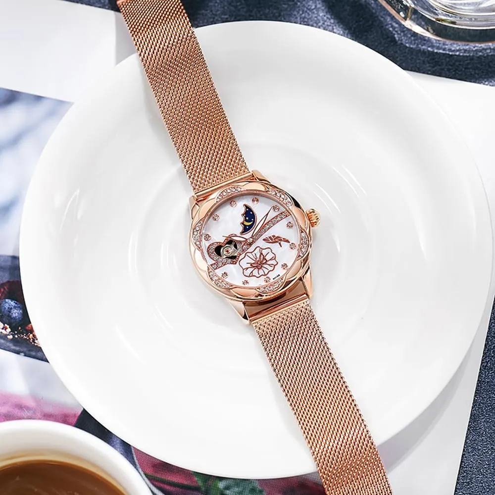 Phase Dress Analog Watch BESTKANG Automatic Watches cautious wrestle Diamond Luxury Dress Classic Ladies Self-Winding Stainless Steel Moon 