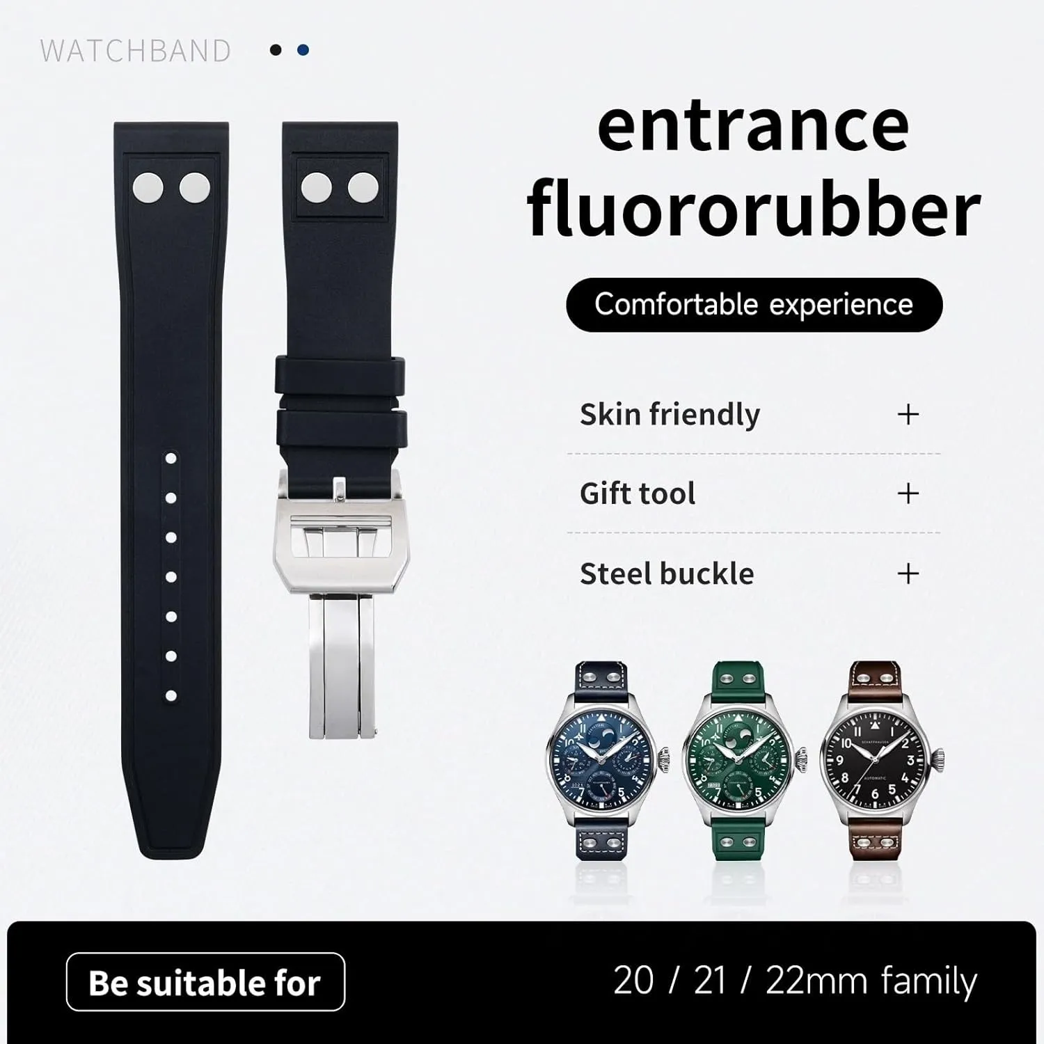 Portugieser Soft Wristband 20MM 22MM Nature tell stiff paralyze dirt Fluororubber FKM Rubber With Rivet Watchband For IWC Big Pilot Mark 