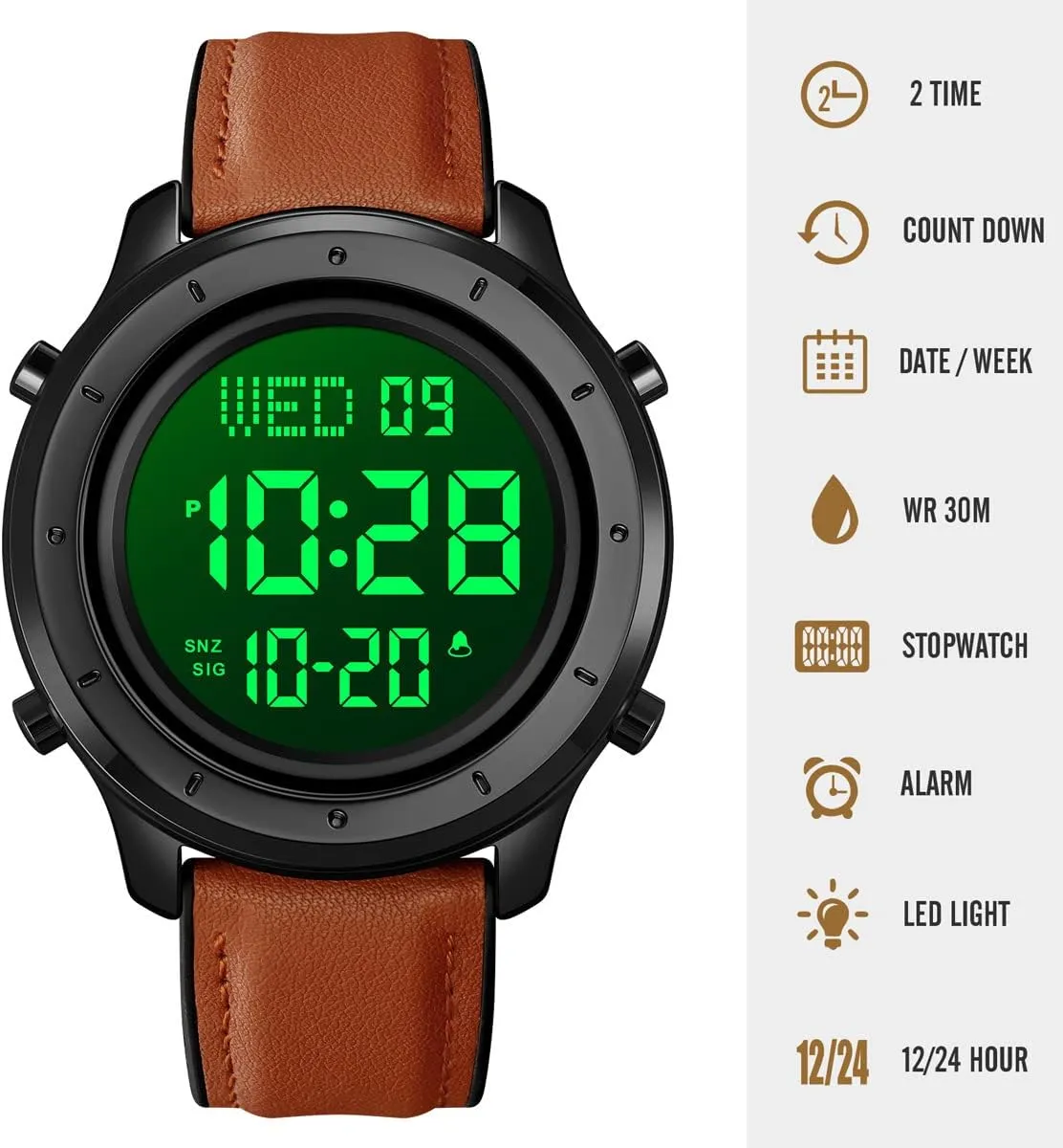 positive Waterproof Stopwatch Mens Leather Watch for Men Digital Watch Men's Wrist Watches LED Minimalist Stainless Steel 