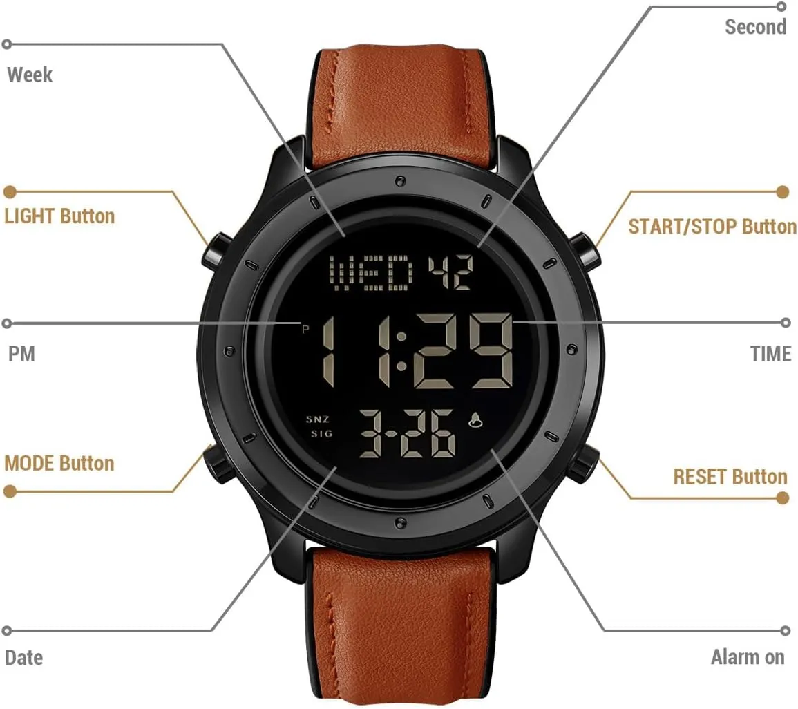 positive Waterproof Stopwatch Mens Leather Watch for Men Digital Watch Men's Wrist Watches LED Minimalist Stainless Steel 
