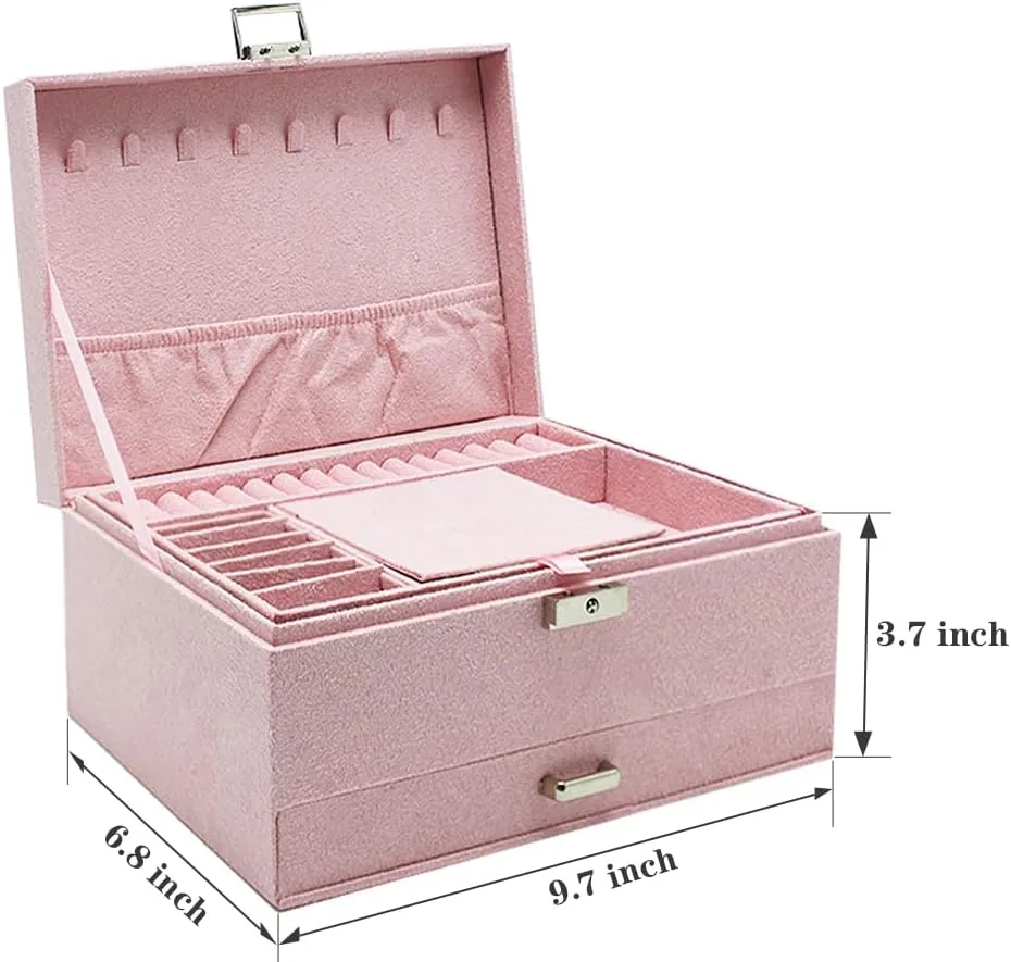 potash superbly Large Jewelry Organizer Box, 3-tier Display Case, Velvet Jewelry Box with Lock and Drawers, Varying Compartments for Necklace, Bracelets, Earrings, Rings, and Watch (Pink, Extra Large) Soddeph 