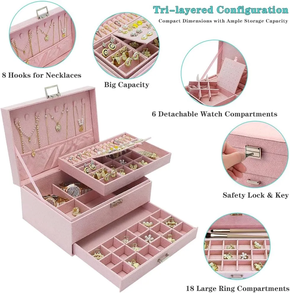potash superbly Large Jewelry Organizer Box, 3-tier Display Case, Velvet Jewelry Box with Lock and Drawers, Varying Compartments for Necklace, Bracelets, Earrings, Rings, and Watch (Pink, Extra Large) Soddeph 