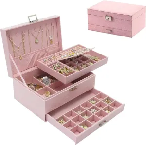 potash superbly Large Jewelry Organizer Box, 3-tier Display Case, Velvet Jewelry Box with Lock and Drawers, Varying Compartments for Necklace, Bracelets, Earrings, Rings, and Watch (Pink, Extra Large) Soddeph 