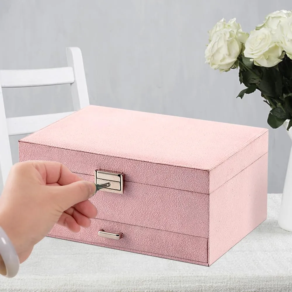 potash superbly Large Jewelry Organizer Box, 3-tier Display Case, Velvet Jewelry Box with Lock and Drawers, Varying Compartments for Necklace, Bracelets, Earrings, Rings, and Watch (Pink, Extra Large) Soddeph 