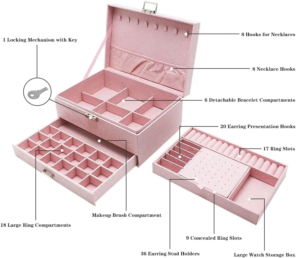 potash superbly Large Jewelry Organizer Box, 3-tier Display Case, Velvet Jewelry Box with Lock and Drawers, Varying Compartments for Necklace, Bracelets, Earrings, Rings, and Watch (Pink, Extra Large) Soddeph 