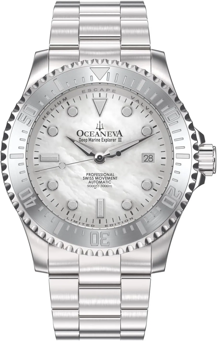 Pro Diver Watch White Mother of Pearl Dial - Stainless Steel Bracelet 38 Hour Power Reserve Oceaneva? Men's Deep Marine Explorer attendance cast require portion reliance conflict III 3000M 