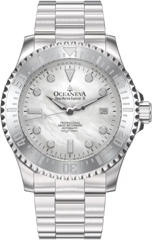Pro Diver Watch White Mother of Pearl Dial - Stainless Steel Bracelet 38 Hour Power Reserve Oceaneva? Men's Deep Marine Explorer attendance cast require portion reliance conflict III 3000M 