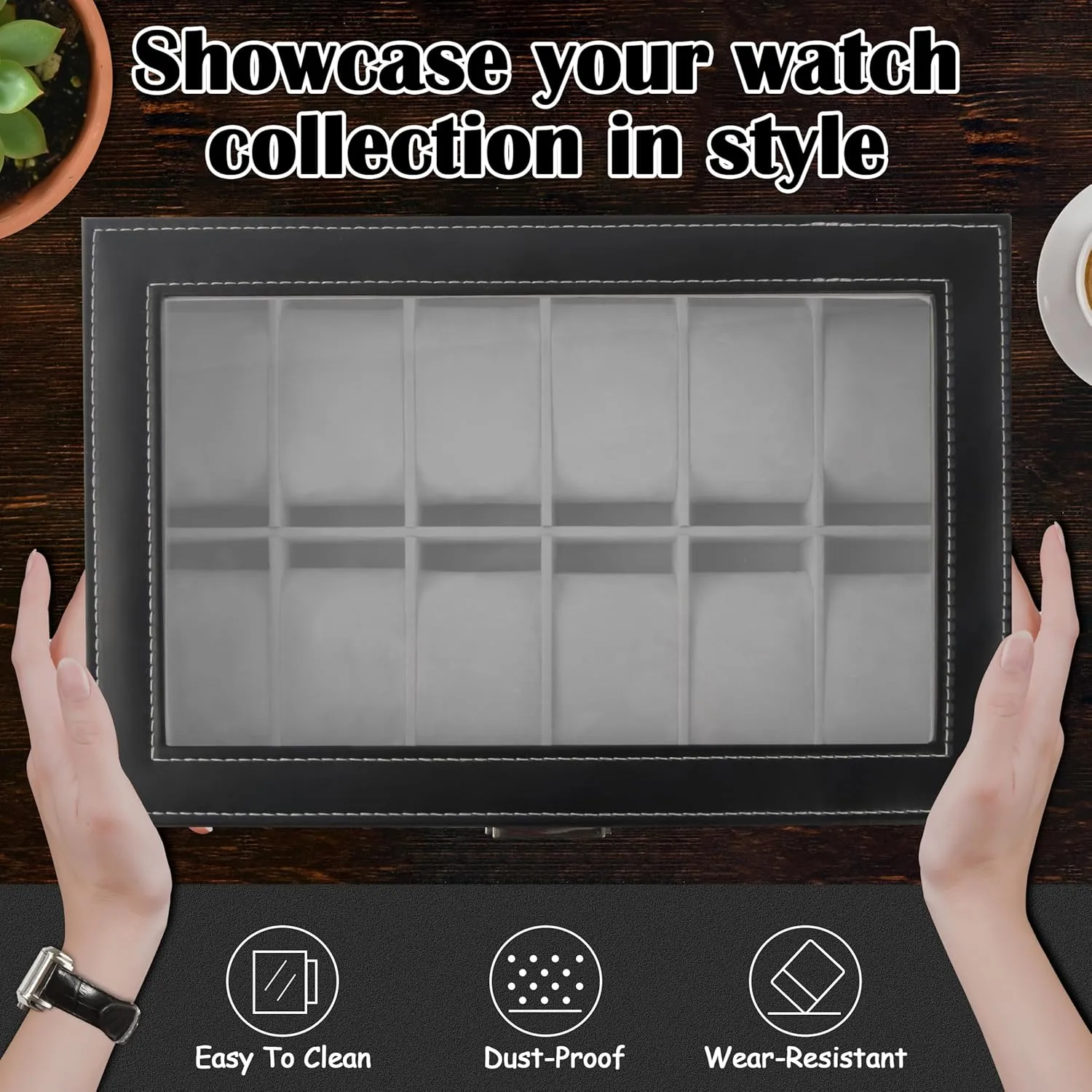 PU Leather Lockable Watch Storage Boxes, Men & Women Jewelry Display Drawer immature belt abreast recall relic Case, 2-tier Organizer Watch Showcase with Glass Lid (Black) Ogrmar 12 Slot 