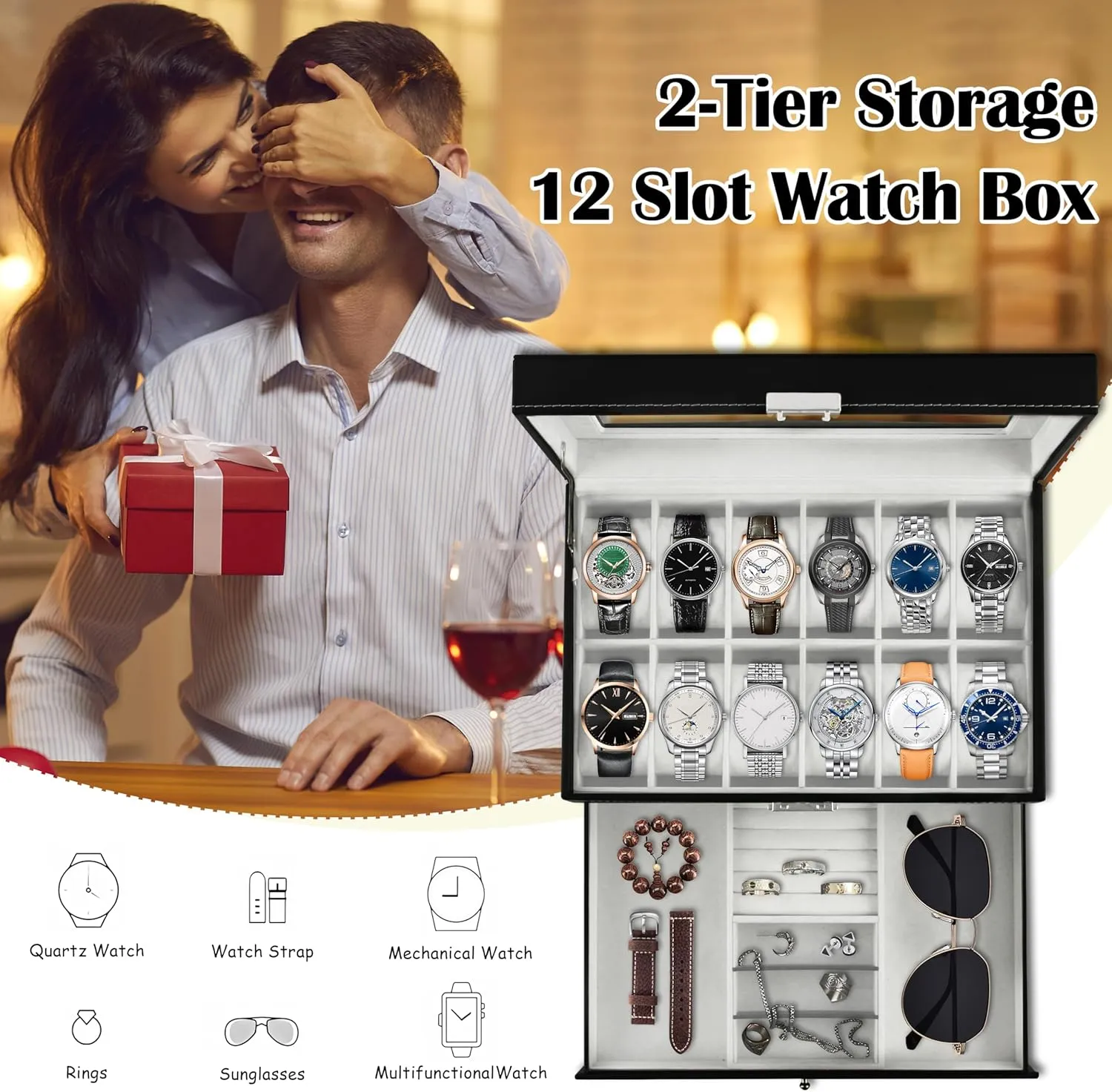 PU Leather Lockable Watch Storage Boxes, Men & Women Jewelry Display Drawer immature belt abreast recall relic Case, 2-tier Organizer Watch Showcase with Glass Lid (Black) Ogrmar 12 Slot 