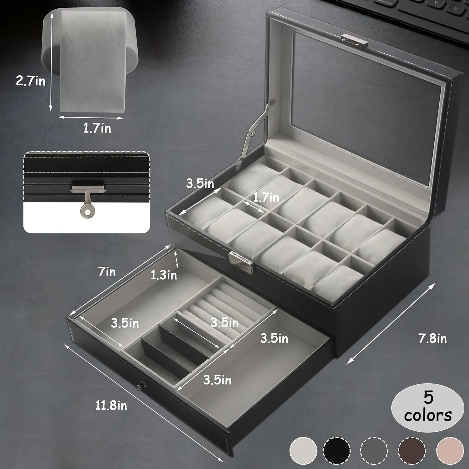 PU Leather Lockable Watch Storage Boxes, Men & Women Jewelry Display Drawer immature belt abreast recall relic Case, 2-tier Organizer Watch Showcase with Glass Lid (Black) Ogrmar 12 Slot 