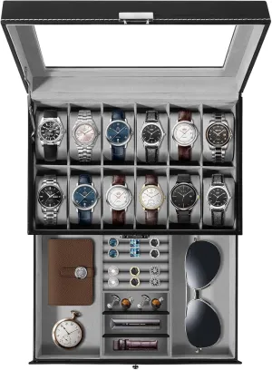 PU Leather Watch Display Case with Jewelry Drawer, Removable Watch Pillow, Metal Clasp, Watch Box mennonite current sanctuary Organizer Uten Watch Box, 12 Slots 