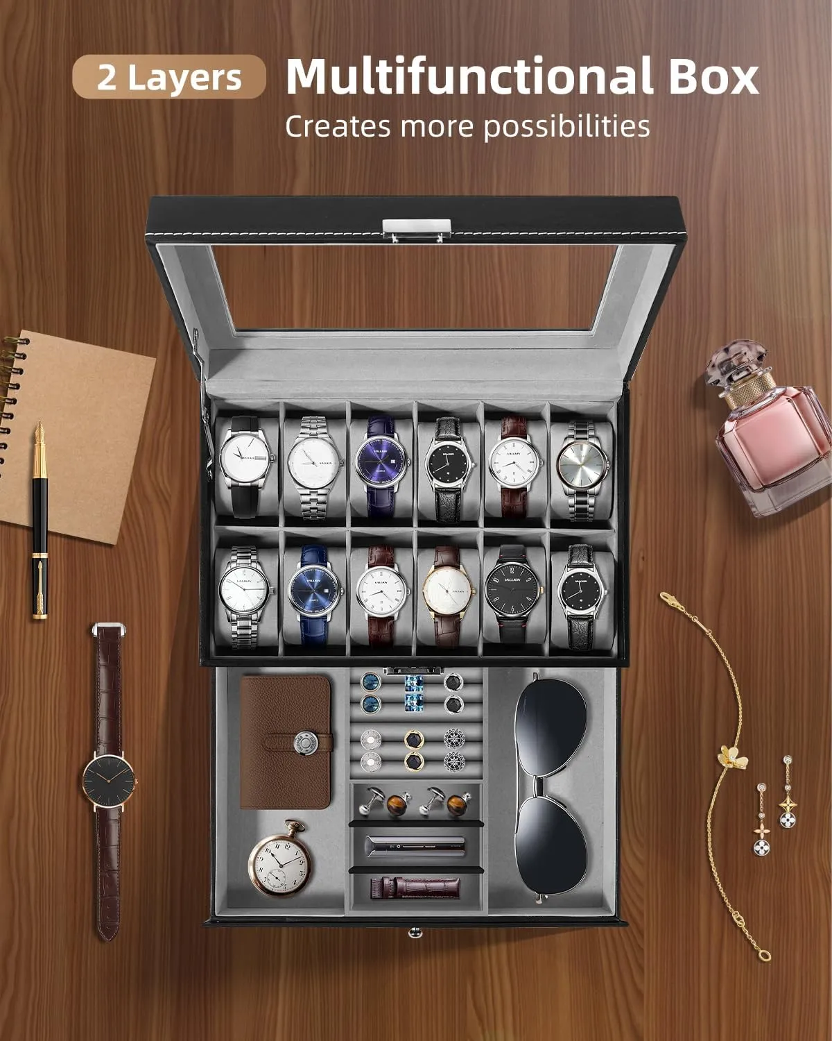 PU Leather Watch Display Case with Jewelry Drawer, Removable Watch Pillow, Metal Clasp, Watch Box mennonite current sanctuary Organizer Uten Watch Box, 12 Slots 