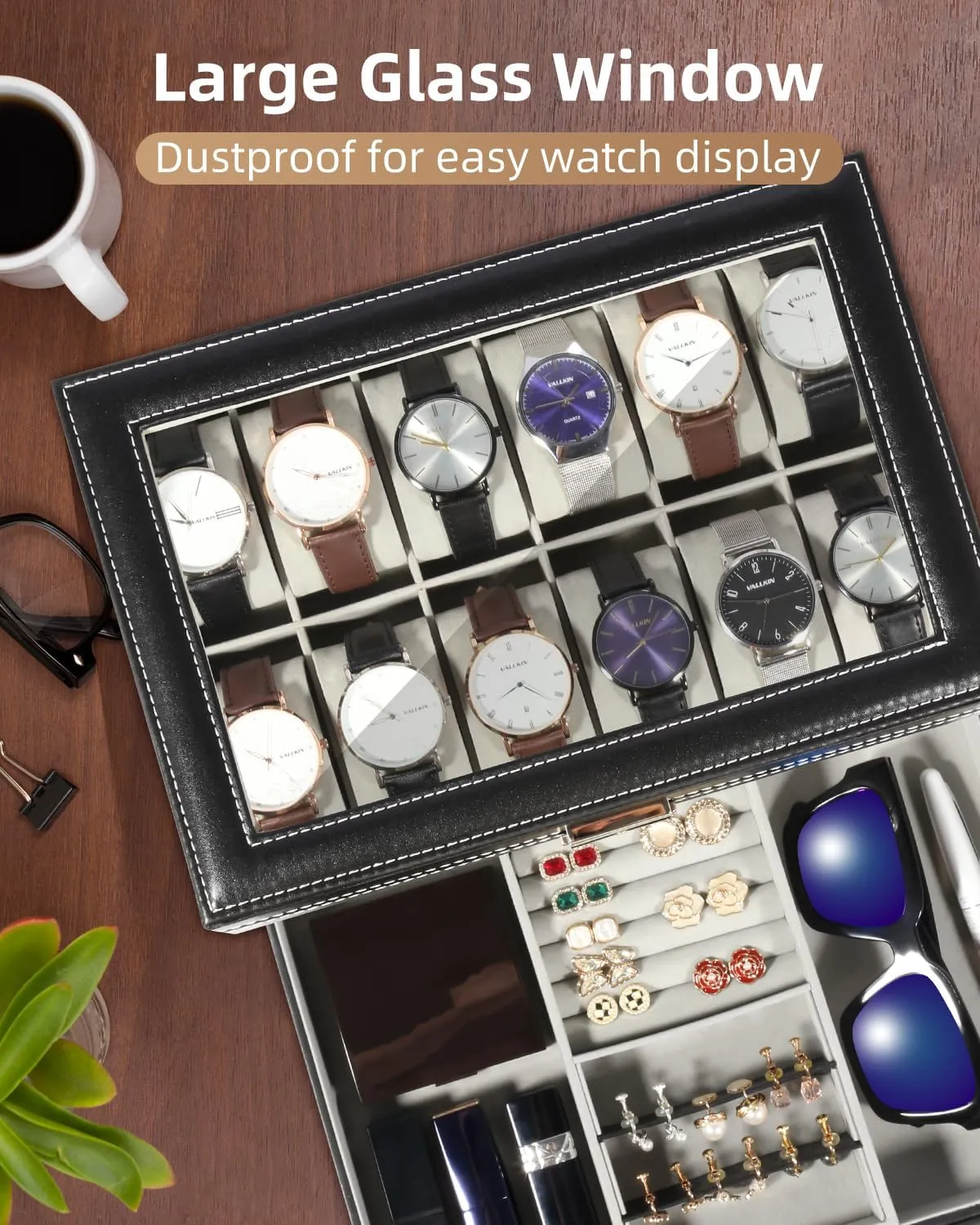 PU Leather Watch Display Case with Jewelry Drawer, Removable Watch Pillow, Metal Clasp, Watch Box mennonite current sanctuary Organizer Uten Watch Box, 12 Slots 