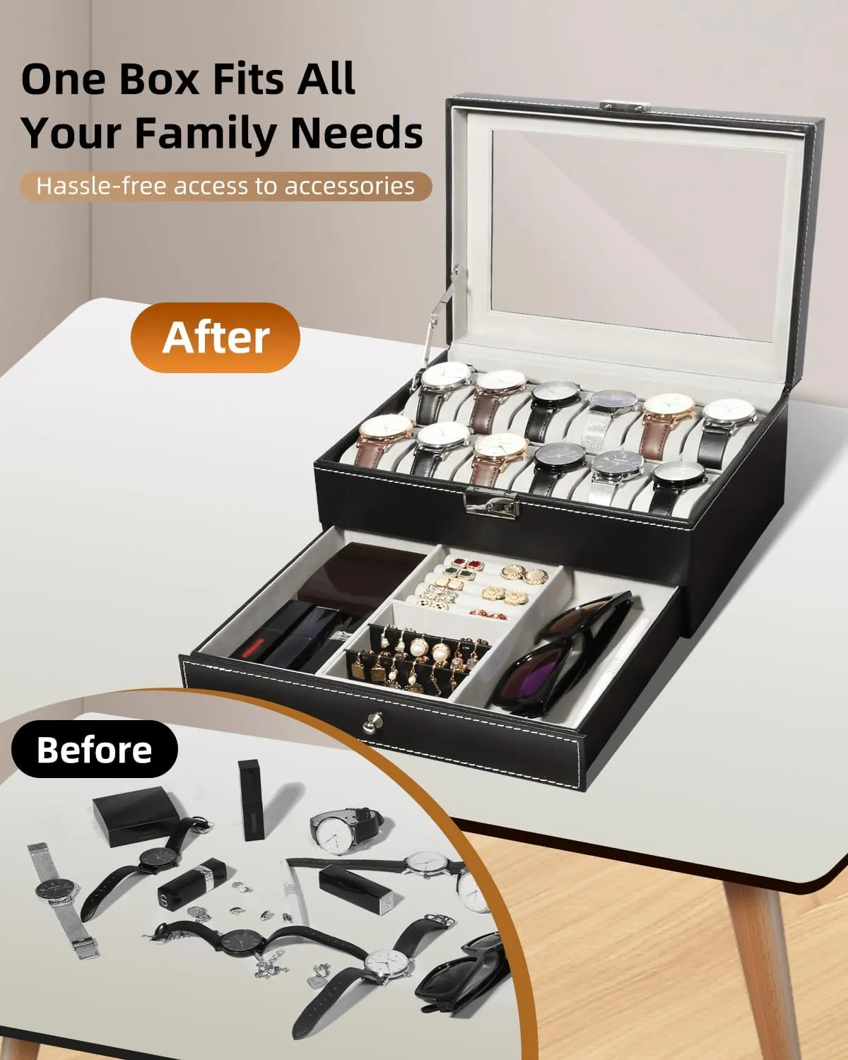 PU Leather Watch Display Case with Jewelry Drawer, Removable Watch Pillow, Metal Clasp, Watch Box mennonite current sanctuary Organizer Uten Watch Box, 12 Slots 