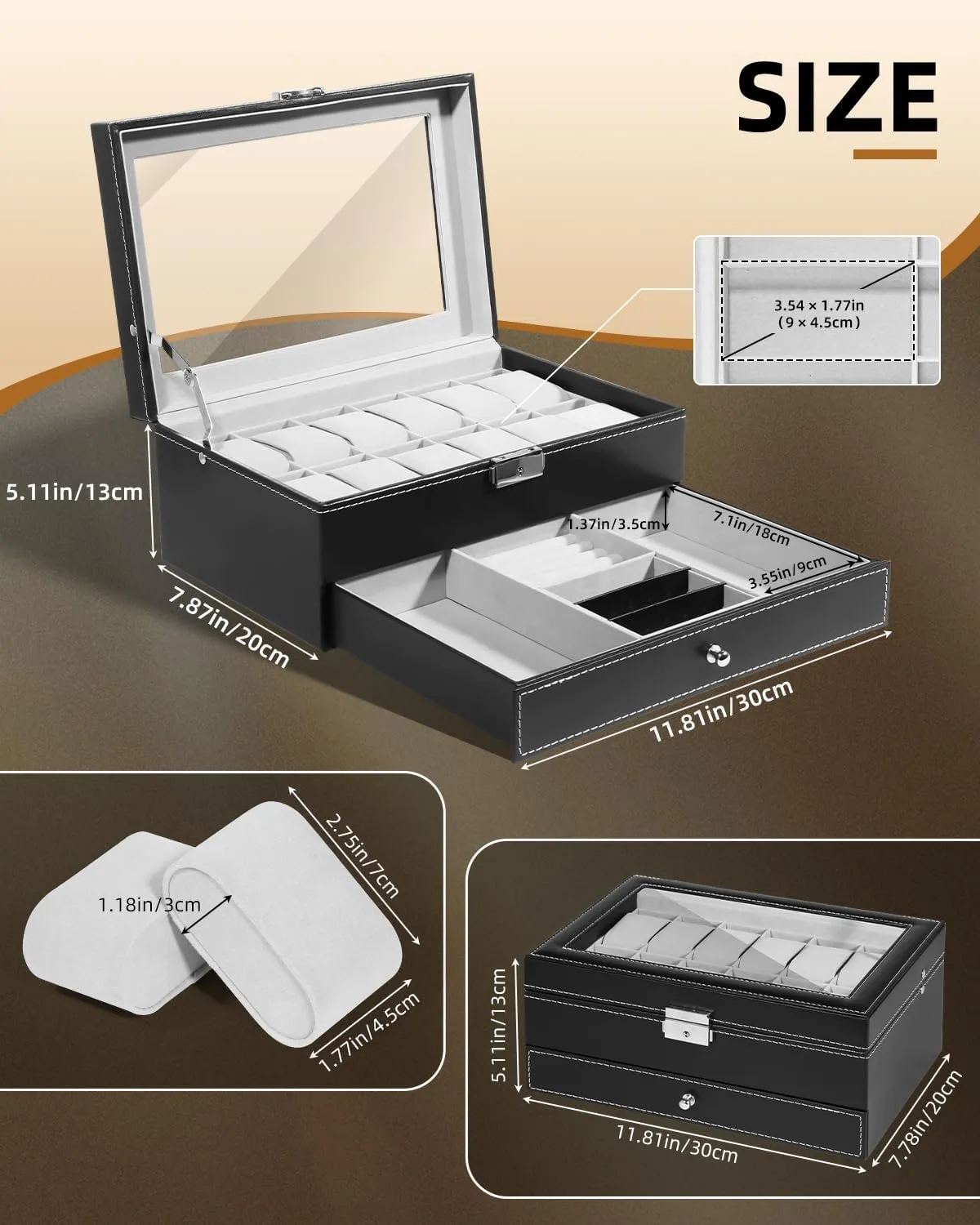 PU Leather Watch Display Case with Jewelry Drawer, Removable Watch Pillow, Metal Clasp, Watch Box mennonite current sanctuary Organizer Uten Watch Box, 12 Slots 