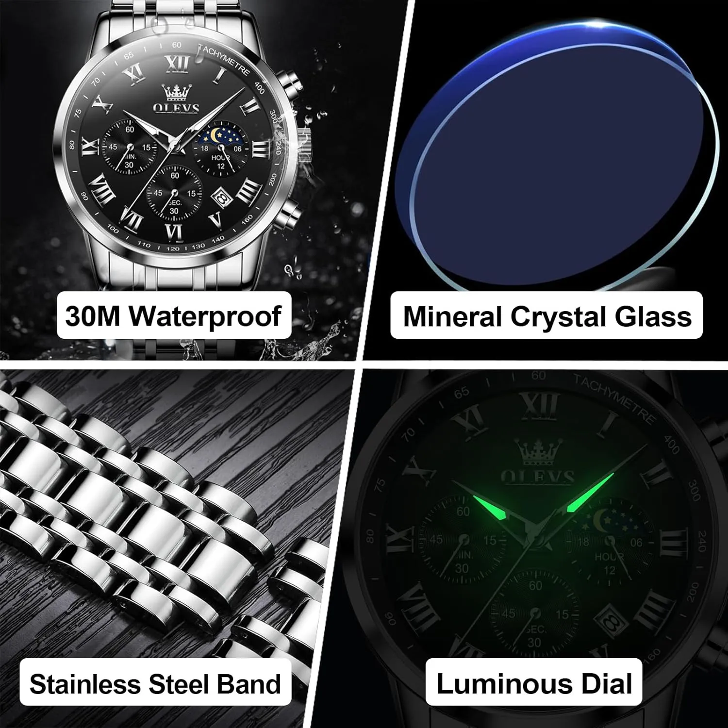 Quartz Dress Watches for Men, Fashion Multifunctional Waterproof marvel ally Luminous Hands Men's Wristwatch OLEVS Mens Stainless Steel Chronograph Watch, Big Face Roman Numerals Date Analog 
