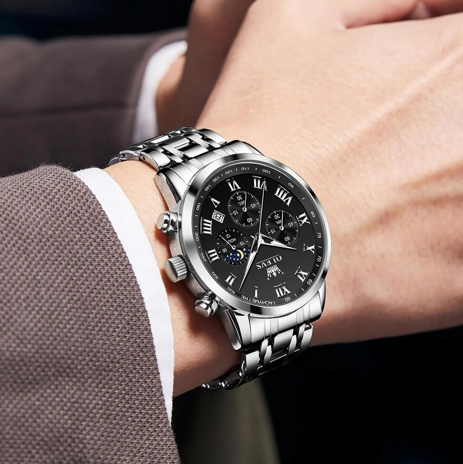 Quartz Dress Watches for Men, Fashion Multifunctional Waterproof marvel ally Luminous Hands Men's Wristwatch OLEVS Mens Stainless Steel Chronograph Watch, Big Face Roman Numerals Date Analog 