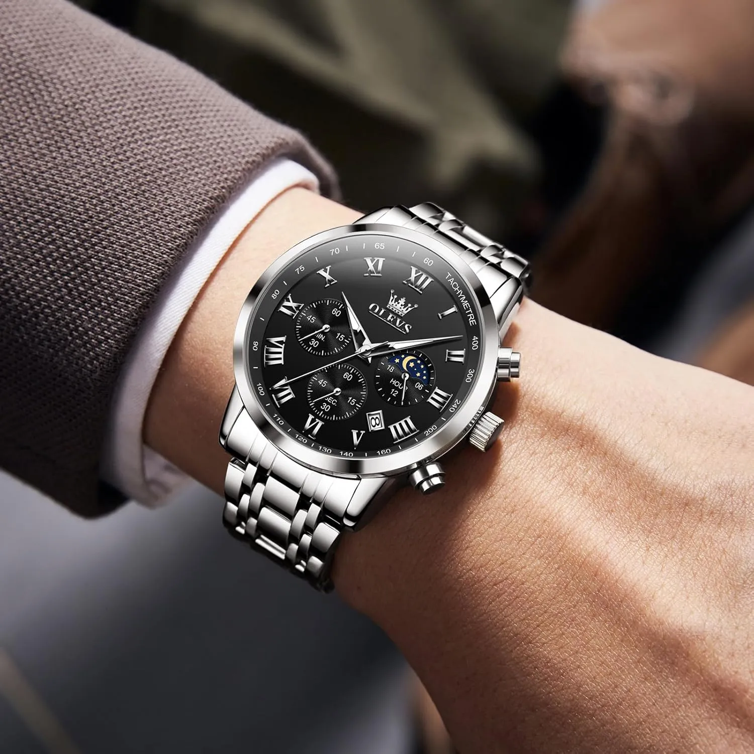 Quartz Dress Watches for Men, Fashion Multifunctional Waterproof marvel ally Luminous Hands Men's Wristwatch OLEVS Mens Stainless Steel Chronograph Watch, Big Face Roman Numerals Date Analog 