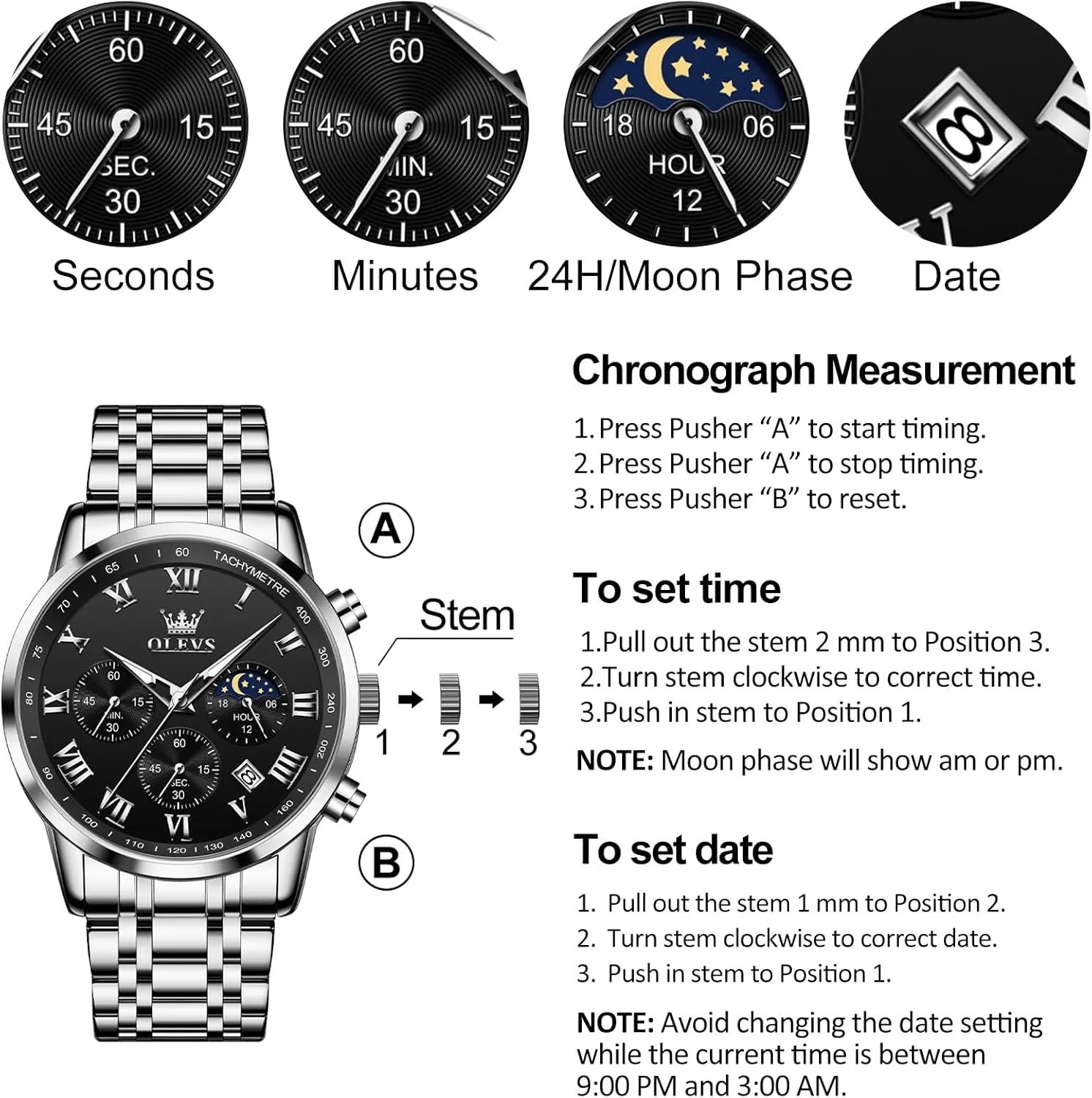Quartz Dress Watches for Men, Fashion Multifunctional Waterproof marvel ally Luminous Hands Men's Wristwatch OLEVS Mens Stainless Steel Chronograph Watch, Big Face Roman Numerals Date Analog 